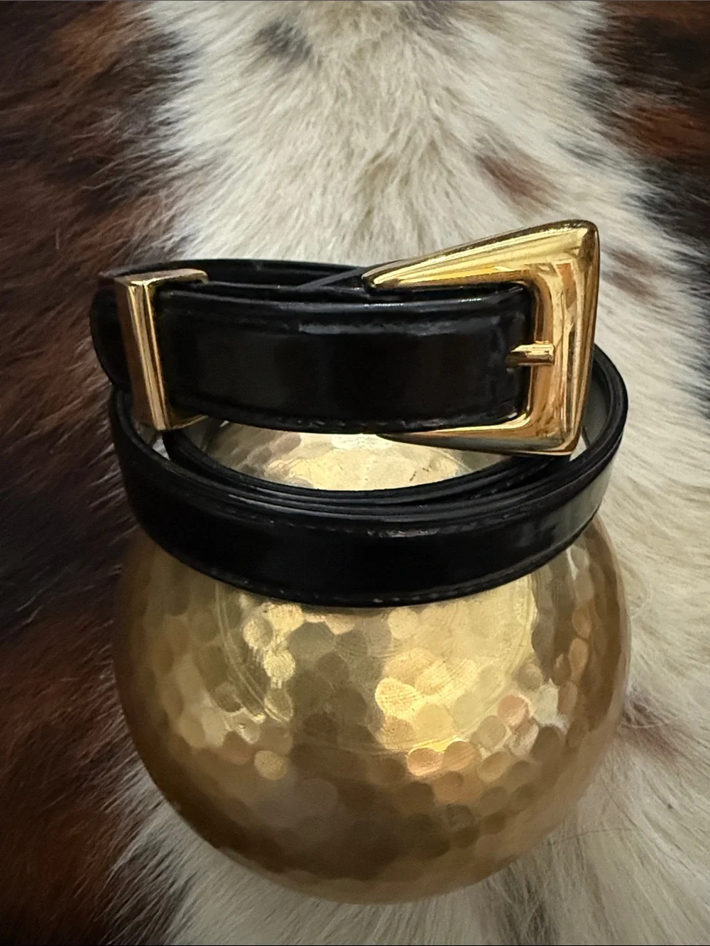 St. John Black Patent Leather Belt with Gold Buckle